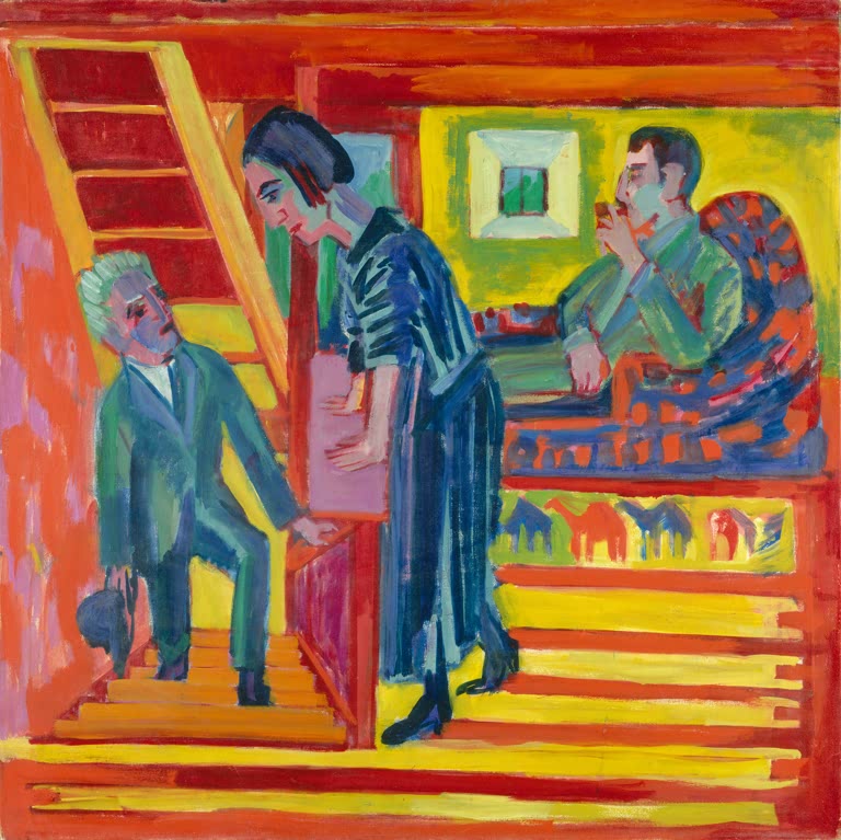 Paar begrüßt einen Gast auf der Treppe, im Hintergrund ein Mann auf dem Sofa – Ernst Ludwig Kirchner Der Besuch Kunstkopie