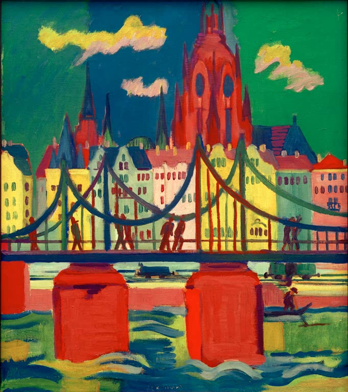 Hängebrücke mit roten Pfeilern vor bunten Häuserzeilen und rotem Dom – Ernst Ludwig Kirchner Der Frankfurter Dom Kunstkopie