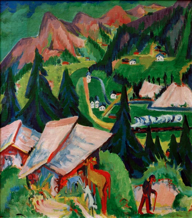 Hütten und Wanderer, im Tal ein Zug und Berge – Ernst Ludwig Kirchner Der Junkerboden von der Stafel aus Kunstkopie