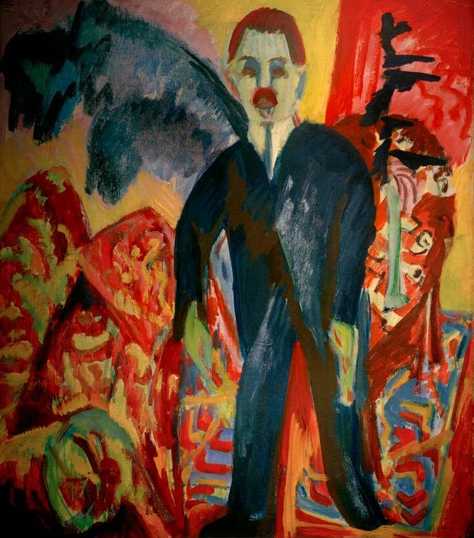 Stehender Mann in blauem Anzug vor rot gemustertem Grund – Ernst Ludwig Kirchner Der Krankenwärter Kunstkopie