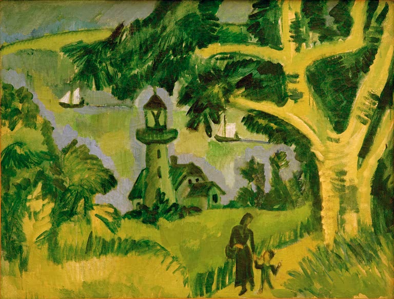 Leuchtturm zwischen Wiesen und Bäumen, davor eine Frau mit Kind – Ernst Ludwig Kirchner Der Leuchtturm auf Fehmarn Kunstkopie
