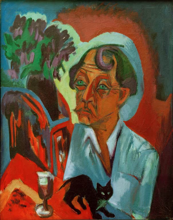 Mann mit Hut und Weinglas, auf dem Schoß eine schwarze Katze – Ernst Ludwig Kirchner Der Maler Stirner mit Katze Kunstkopie