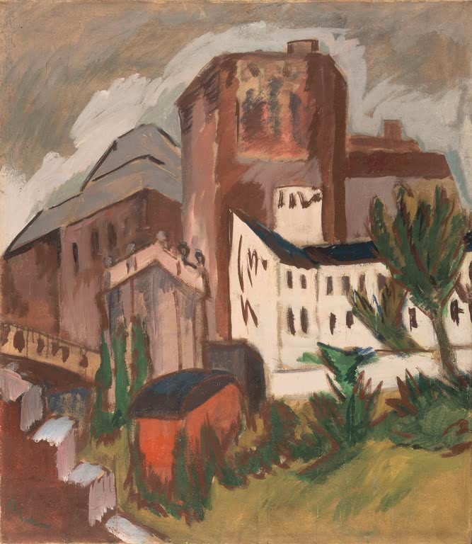 Backsteinturm und weiße Häuser mit Baum unter grauem Himmel – Ernst Ludwig Kirchner Der Stadtturm Kunstkopie