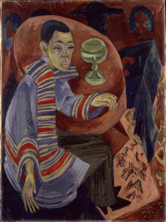 Sitzender Mann in gestreiftem Mantel mit grünem Glas am Tisch – Ernst Ludwig Kirchner Der Trinker Kunstkopie