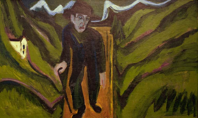 Alter Wanderer mit Stock auf einem Pfad zwischen Berghängen – Ernst Ludwig Kirchner Der Wanderer Kunstkopie