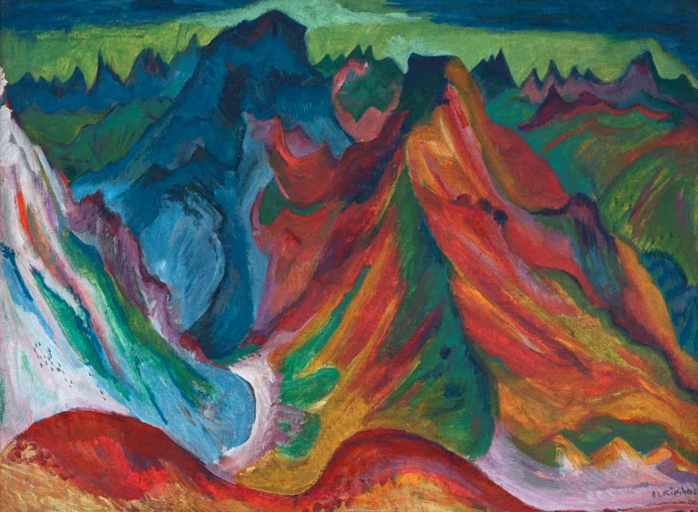 Zerklüftete rote und blaue Berge über einem Wasserfall – Ernst Ludwig Kirchner Weissfluh und Schafgrind Kunstkopie