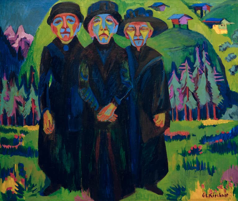 Drei alte Frauen in dunklen Mänteln auf grüner Wiese – Ernst Ludwig Kirchner Die drei alten Frauen Kunstkopie