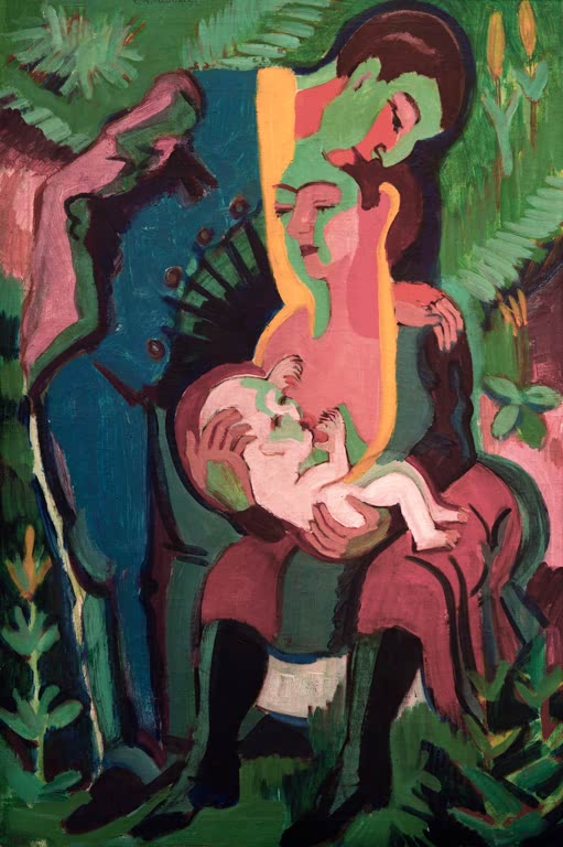 Mutter hält ein Baby auf dem Schoß, daneben der Vater zwischen Farnblättern – Ernst Ludwig Kirchner Die Familie Kunstkopie