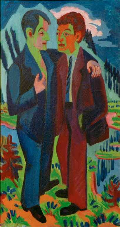 Zwei Männer in Anzügen stehen Arm in Arm vor Bergtal – Ernst Ludwig Kirchner Die Freunde Kunstkopie