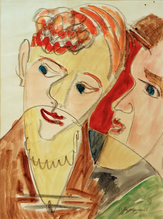 Zwei ineinander verschränkte Köpfe von Mann mit Bart und Frau in Aquarell – Ernst Ludwig Kirchner Die Hembusse Kunstkopie