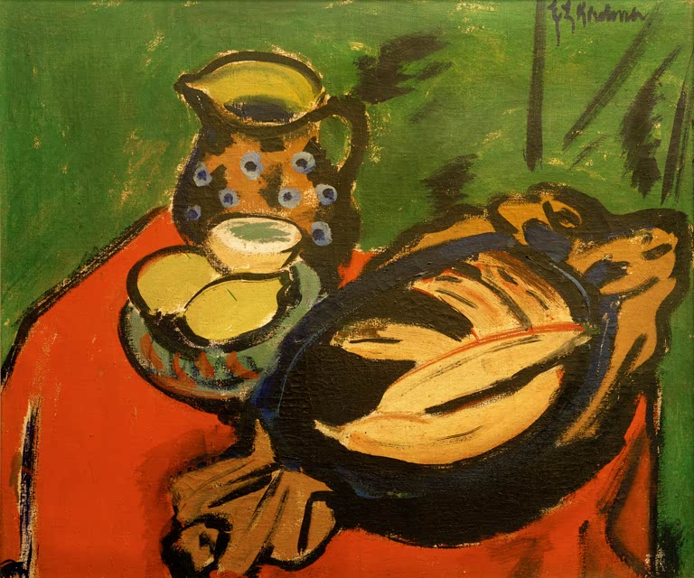 Krug, Schale und Holzschale auf rotem Tisch vor grünem Grund – Ernst Ludwig Kirchner Die Holzschale Kunstkopie