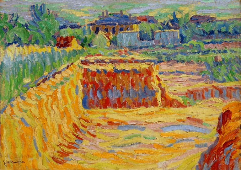 Gelbes Feld mit Lehmgrube, dahinter Häuser und Bäume – Ernst Ludwig Kirchner Die Lehmgrube Kunstkopie