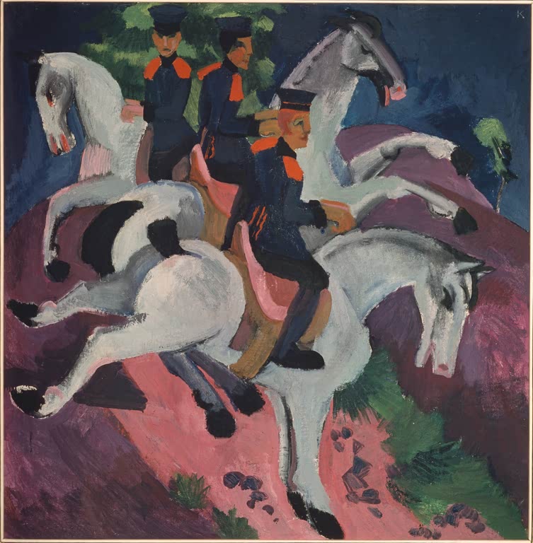 Drei Reiter in dunklen Uniformen auf hellen Pferden vor violetten Hügeln – Ernst Ludwig Kirchner Die Reitschule Kunstkopie