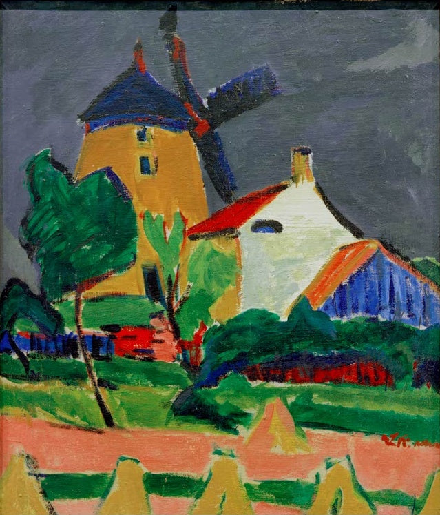 Gelbe Windmühle neben weißem Haus unter grauem Himmel – Ernst Ludwig Kirchner Die Windmühle bei Moritzburg Kunstkopie