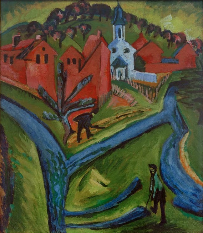 Dorf mit roten Häusern und weißer Kirche, blaue Wege im Grün – Ernst Ludwig Kirchner Dorf mit blauen Wegen Kunstkopie