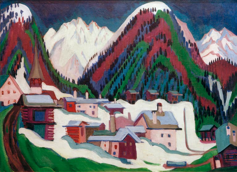 Häuser mit Kirchturm im Schnee unter rot-grünen Bergen – Ernst Ludwig Kirchner Dorf Monstein bei Davos Kunstkopie