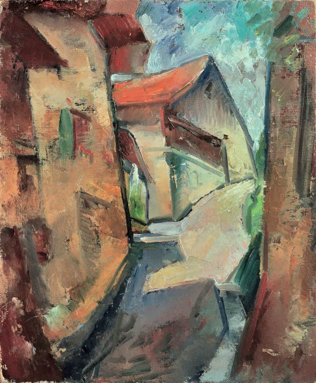 Enge Gasse zwischen hohen Mauern und Häusern mit rotem Dach – Ernst Ludwig Kirchner Dorf Kunstkopie