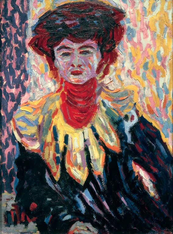 Frau mit roter Halskrause und großem Hut vor getupftem Grund – Ernst Ludwig Kirchner Doris mit Halskrause Kunstkopie