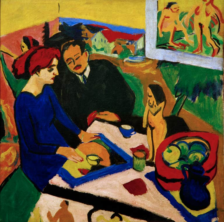 Frau in Blau und Mann sitzen an einem Tisch mit Obstschale – Ernst Ludwig Kirchner Doris und Heckel am Tisch Kunstkopie