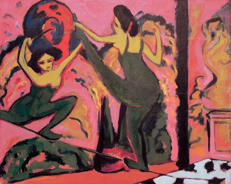 Zwei Artistinnen in dunklem Trikot vor rosafarbenem Hintergrund – Ernst Ludwig Kirchner Drahtseiltanz Kunstkopie