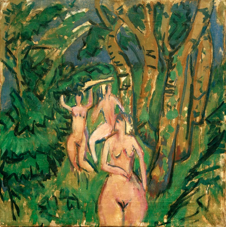 Drei kleine nackte Figuren zwischen dichten grünen Bäumen im Wald – Ernst Ludwig Kirchner Drei Akte im Wald Kunstkopie