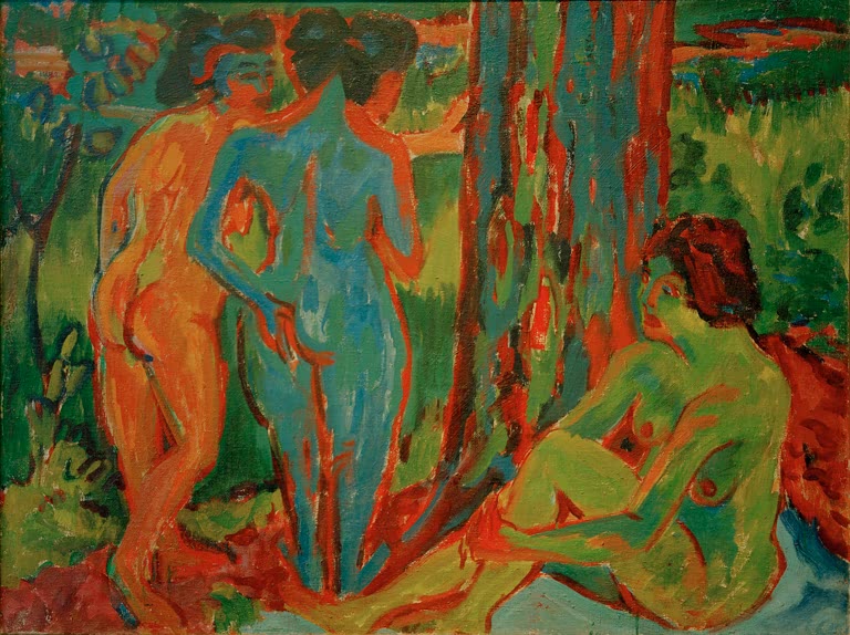 Drei Akte in Orange und Blau zwischen Stämmen und grünem Laub – Ernst Ludwig Kirchner Drei Akte im Wald Kunstkopie