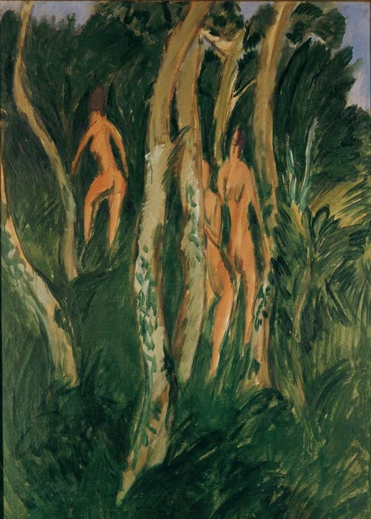 Drei kleine Akte zwischen hohen Baumstämmen im dunkelgrünen Wald – Ernst Ludwig Kirchner Drei Akte unter Bäumen Kunstkopie