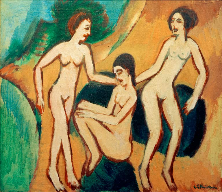 Drei nackte Frauen vor orangefarbenem Grund und grünem Hang – Ernst Ludwig Kirchner Drei Badende am Strand Kunstkopie