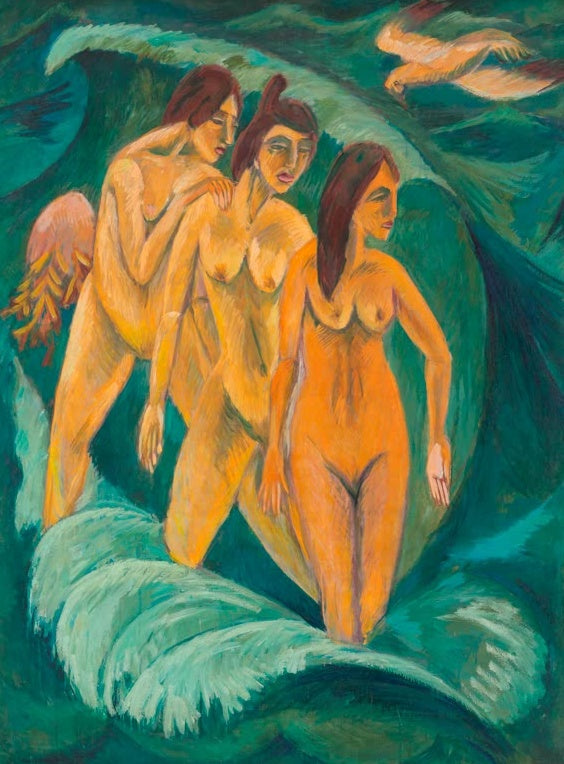 Ernst Ludwig Kirchner Drei Badende Kunstkopie, drei orangefarbene nackte Frauen schreiten durch türkisgrüne Meereswellen