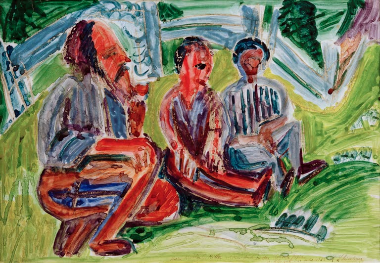 Drei Männer sitzen und hocken auf einer grünen Wiese – Ernst Ludwig Kirchner Drei Bauern auf der Wiese Kunstkopie