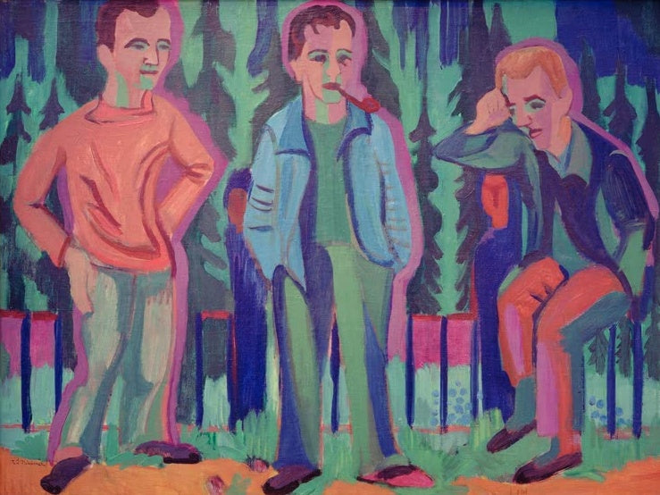 Drei Männer stehen und sitzen vor Tannenwald, einer raucht Pfeife – Ernst Ludwig Kirchner Drei Künstler Kunstkopie