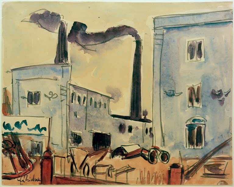 Fabrikgebäude mit zwei rauchenden Schornsteinen in Blau und Ocker – Ernst Ludwig Kirchner Dresdner Fabrik Kunstkopie