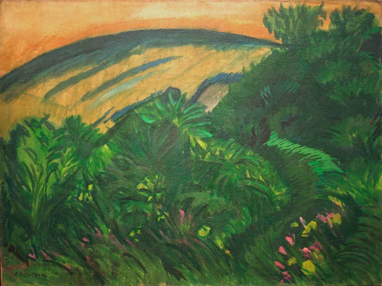 Dunkelgrüne Büsche an der Steilküste vor orangefarbenem Himmel – Ernst Ludwig Kirchner Dünen und Meer Kunstkopie