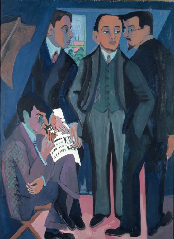 Vier Männer in dunklen Anzügen eng beisammen – Ernst Ludwig Kirchner Eine Künstlergemeinschaft Kunstkopie