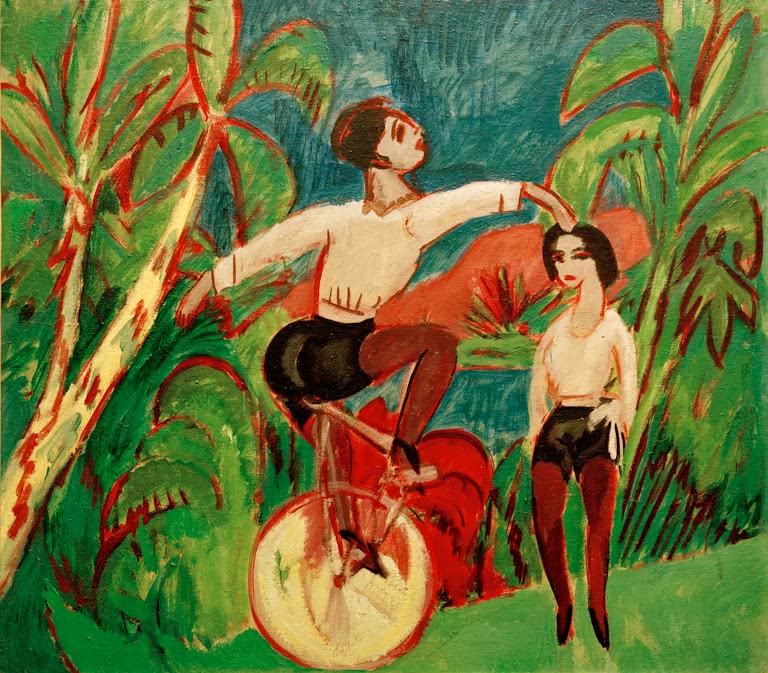 Junger Mann auf dem Einrad und stehende Frau zwischen grünen Blättern – Ernst Ludwig Kirchner Einradfahrer Kunstkopie