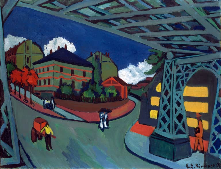 Eisenbrücke über Straße mit Passanten und Häusern – Ernst Ludwig Kirchner Eisenbahnunterführung Löbtauer Straße Kunstkopie