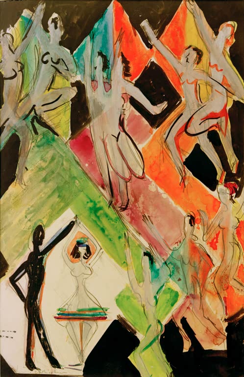 Tanzende Figuren in bunten Farbflächen – Ernst Ludwig Kirchner Entwurf zum Wandbild Farbentanz Kunstkopie
