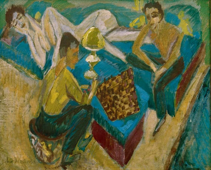 Zwei Männer beim Schach, dahinter ein Liegender – Ernst Ludwig Kirchner Erich Heckel und Otto Mueller beim Schach Kunstkopie