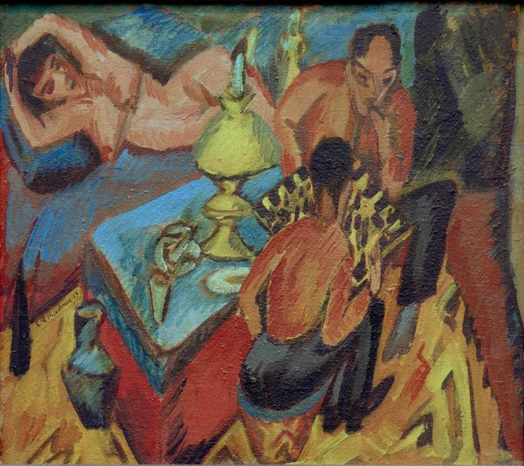 Zwei Männer beim Schach, dahinter eine Liegende – Ernst Ludwig Kirchner Heckel und Mueller beim Schach Kunstkopie