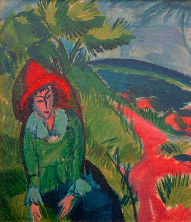 Frau mit roter Mütze und grüner Jacke sitzt im Gras am Meer – Ernst Ludwig Kirchner Erna auf Fehmarn Kunstkopie