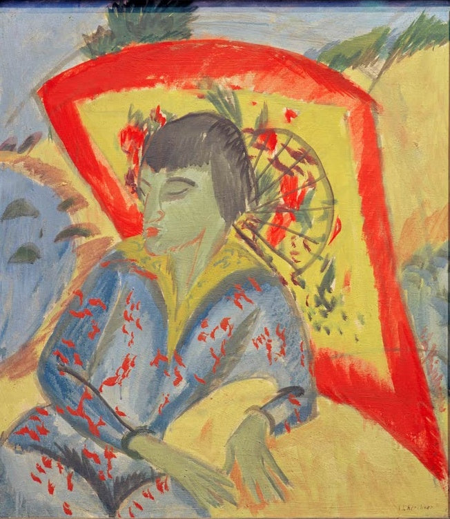 Frau in blauem Kimono vor einem großen roten Schirm mit gelbem Grund – Ernst Ludwig Kirchner Erna mit Japanschirm Kunstkopie
