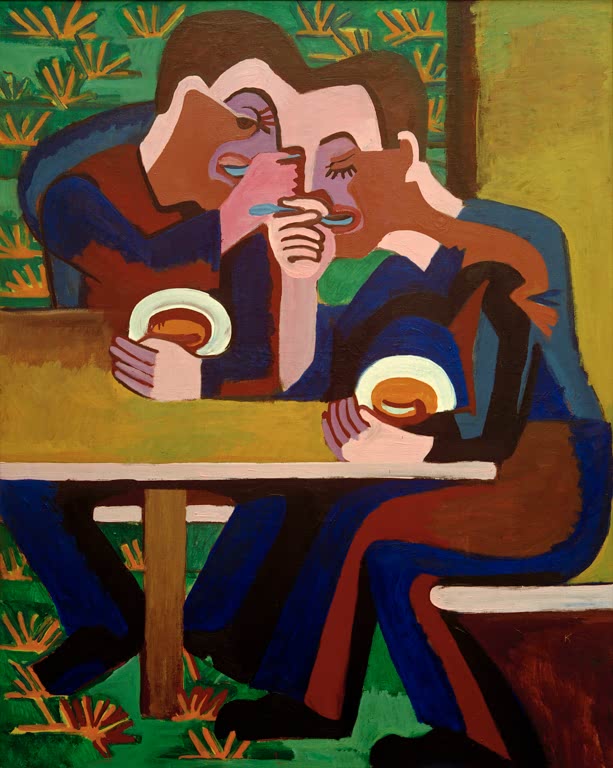 Zwei Männer essen am Tisch aus Tellern vor grünem Hintergrund – Ernst Ludwig Kirchner Esser Kunstkopie