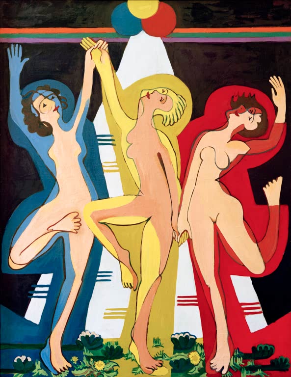 Drei nackte Tänzerinnen in Blau, Gelb und Rot im Lichtkegel – Ernst Ludwig Kirchner Farbentanz II Kunstkopie