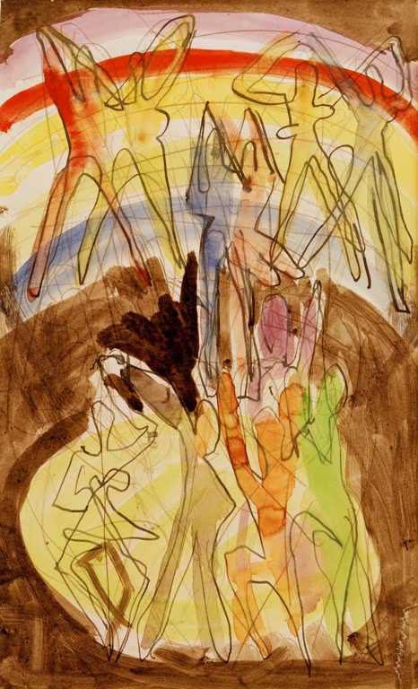 Verschlungene Tanzfiguren in Gelb und Braun unter einem Regenbogen – Ernst Ludwig Kirchner Farbentanz Rückwand Kunstkopie