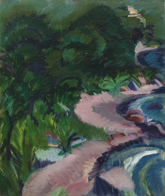Dichtes grünes Laub über rosa schimmernder Fläche und blauem Bach – Ernst Ludwig Kirchner Fehmarn-Landschaft Kunstkopie