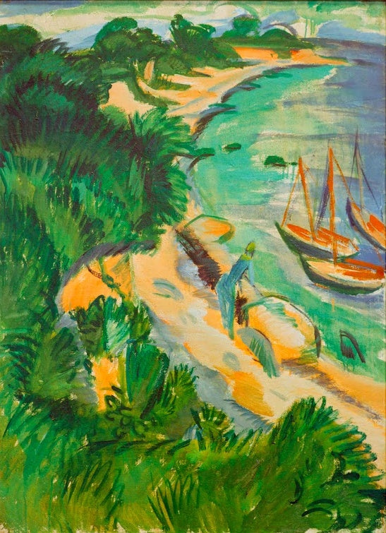 Sandstrand mit Segelbooten zwischen grünen Büschen – Ernst Ludwig Kirchner Fehmarnbucht mit Booten Kunstkopie