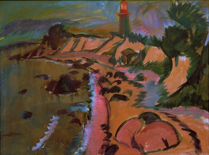 Felsige Küste mit rotem Leuchtturm über dem Meer – Ernst Ludwig Kirchner Fehmarnküste mit Leuchtturm Kunstkopie