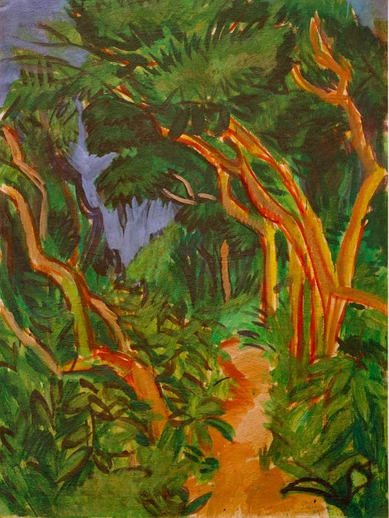 Waldweg zwischen rotorangen Stämmen und grünem Laub – Ernst Ludwig Kirchner Fehmarnlandschaft, Waldweg Kunstkopie