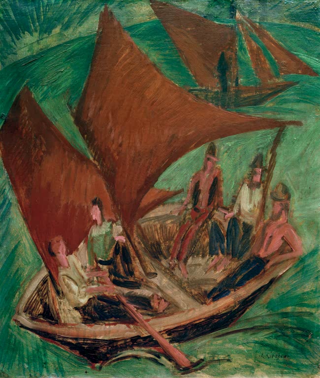 Fischer sitzen in einem Boot mit rotbraunen Segeln auf grünem Wasser – Ernst Ludwig Kirchner Fischerboote Kunstkopie