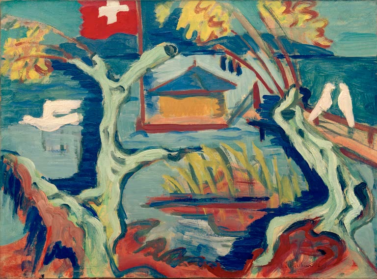 Kahle Stämme am Wasser mit Schweizer Fahne, Hütte und Tauben – Ernst Ludwig Kirchner Fischerhütte am Bodensee Kunstkopie